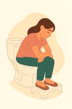 woman sitting on toilet with a step beneath her feet raising her legs